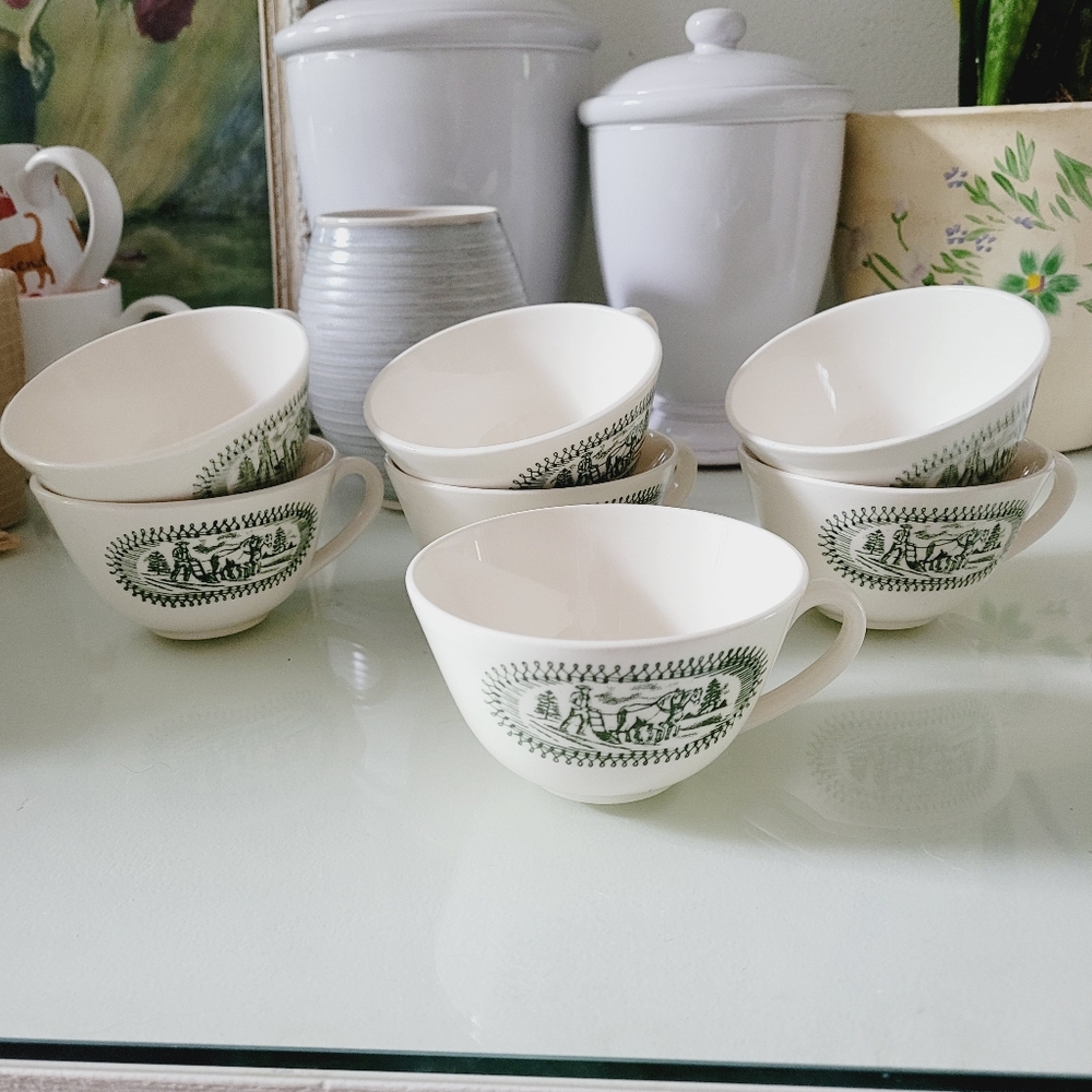 Cups transferware farmer plowing vintage green white